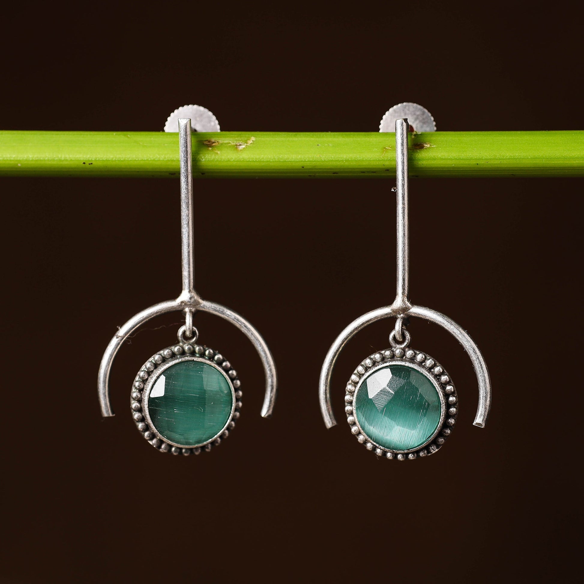 Antique Silver Finish Oxidised Brass Base Stone Work Dangle Earrings
