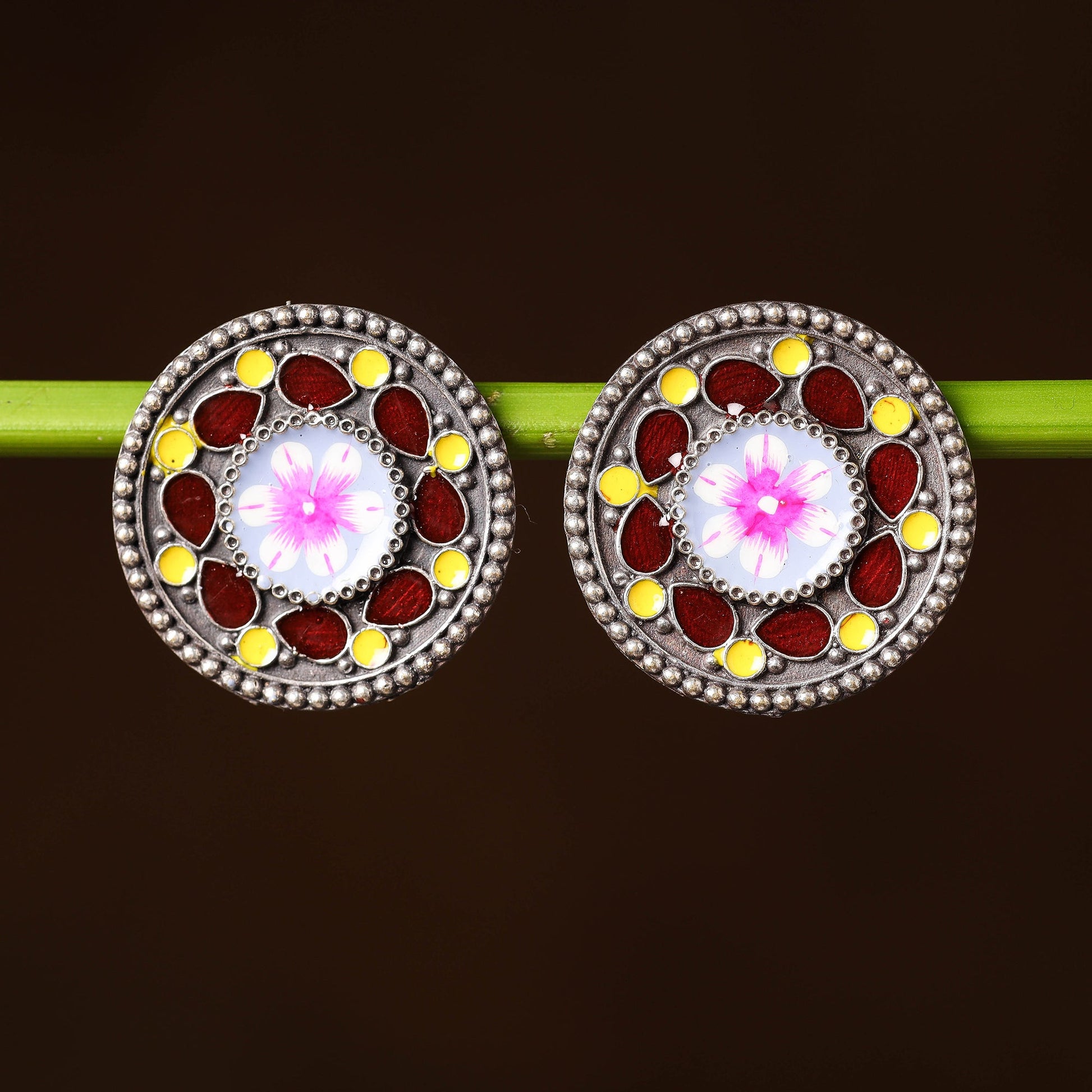 Antique Silver Finish Oxidised Brass Base Enamel Work Earrings