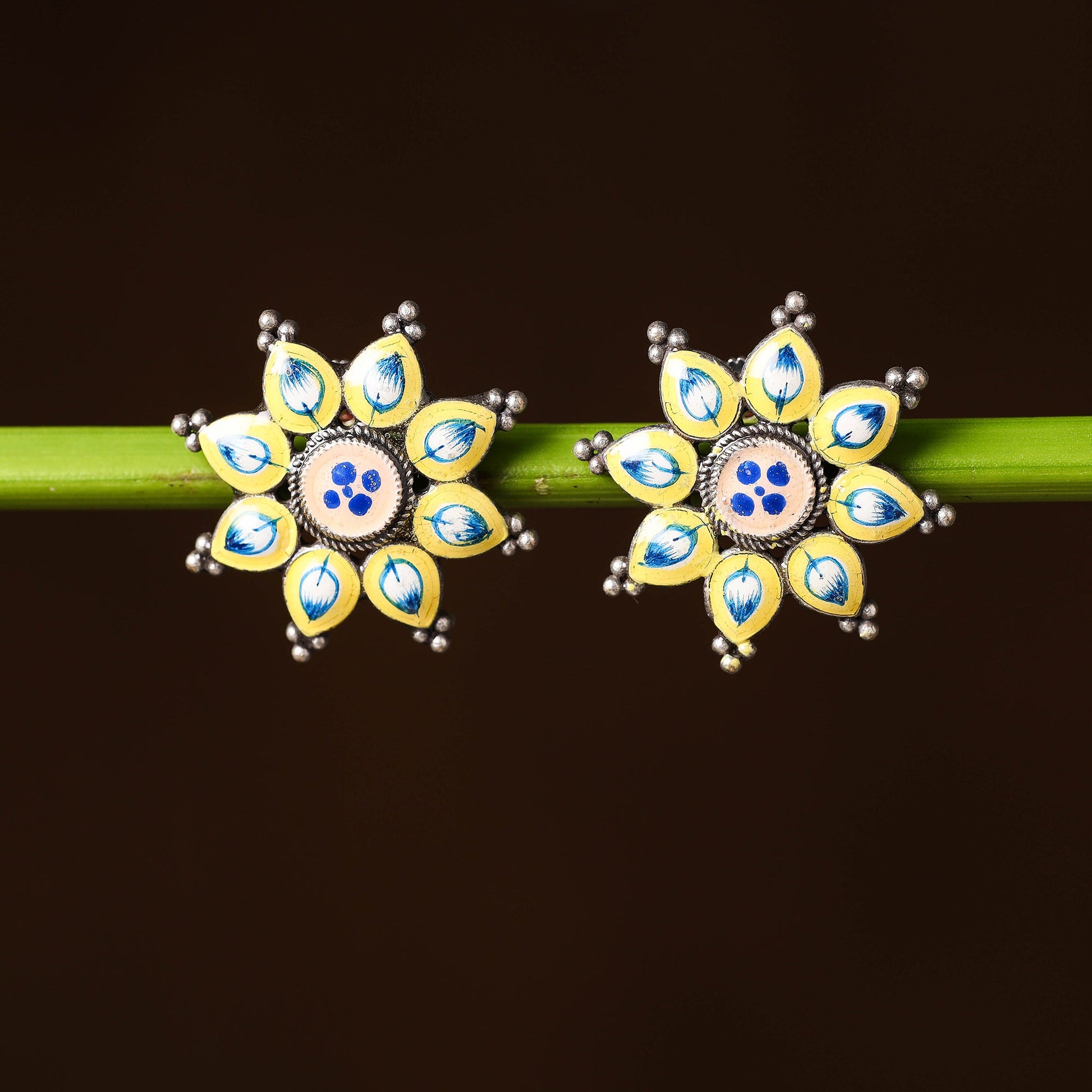 Antique Silver Finish Oxidised Brass Base Enamel Work Stud Earrings