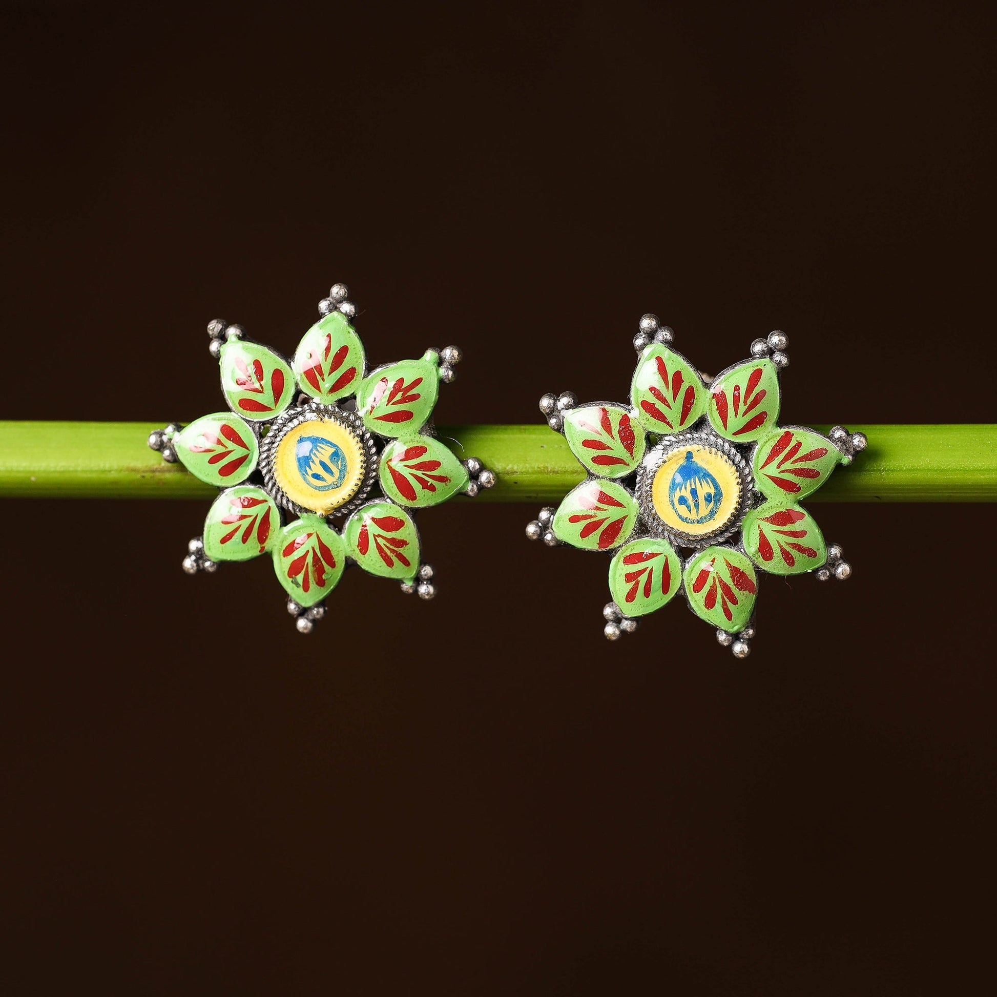 Antique Silver Finish Oxidised Brass Base Enamel Work Stud Earrings