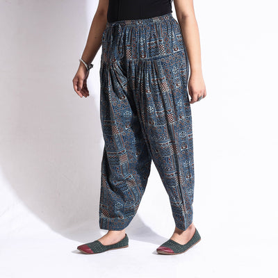 Blue - Ajrakh Block Printed Cotton Elasticated Salwar