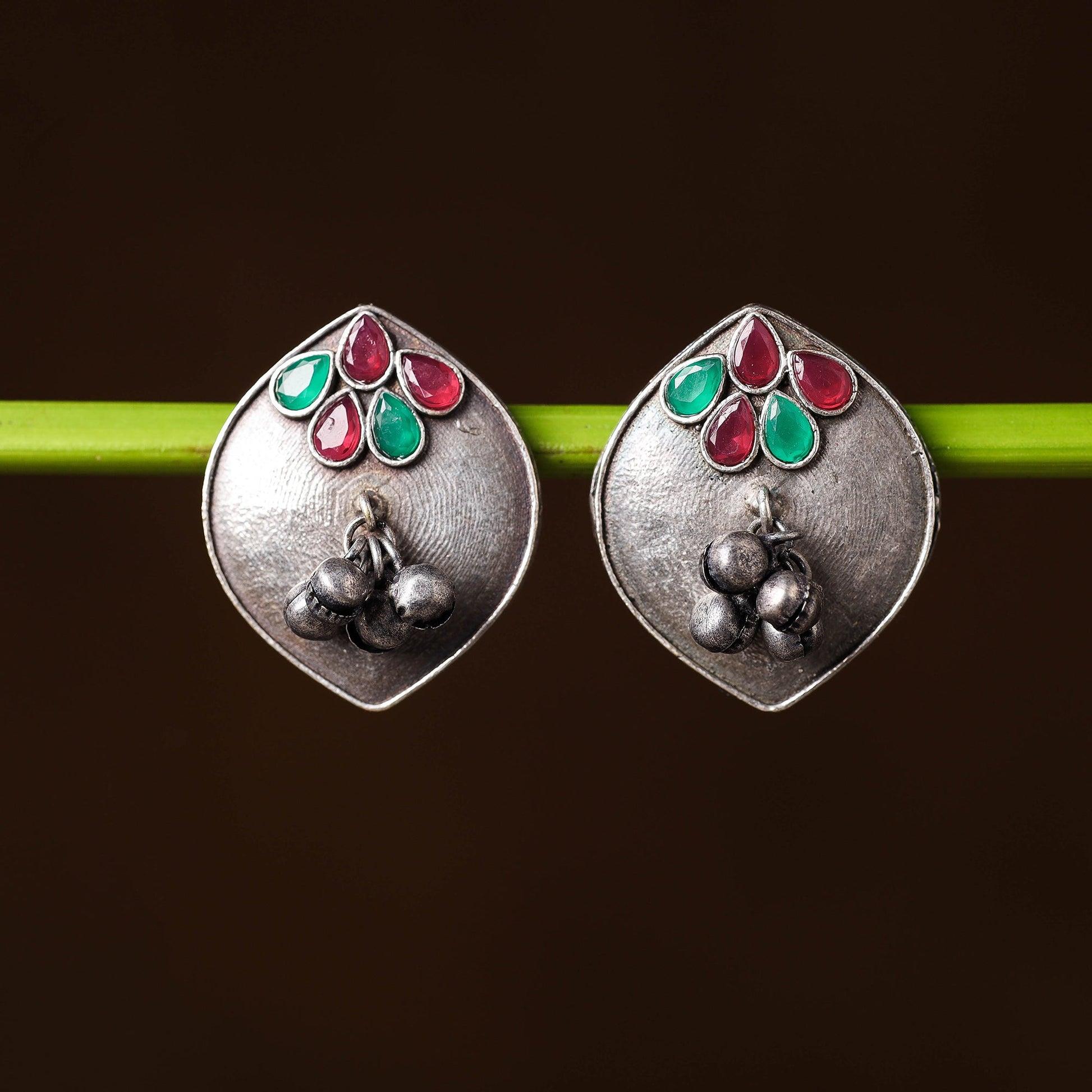Antique Silver Finish Oxidised Brass Base Stone Work Stud Earrings