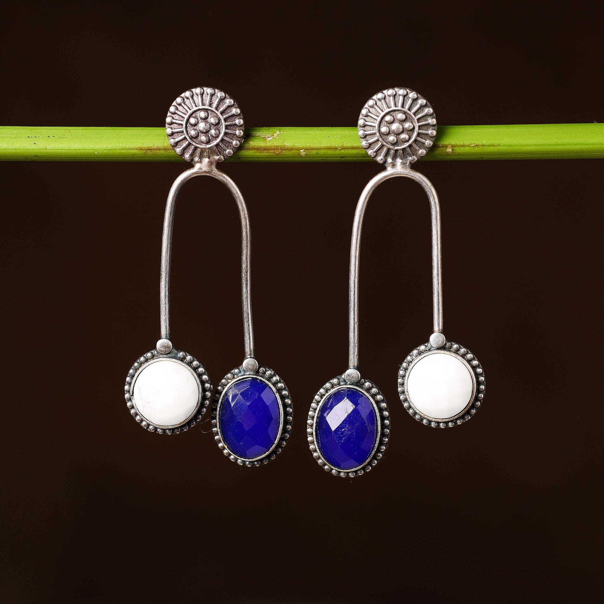 Antique Silver Finish Oxidised Brass Base Stone Work Dangle Earrings