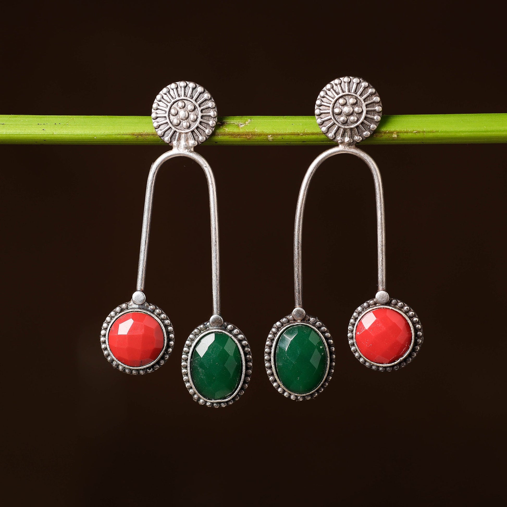 Antique Silver Finish Oxidised Brass Base Stone Work Dangle Earrings