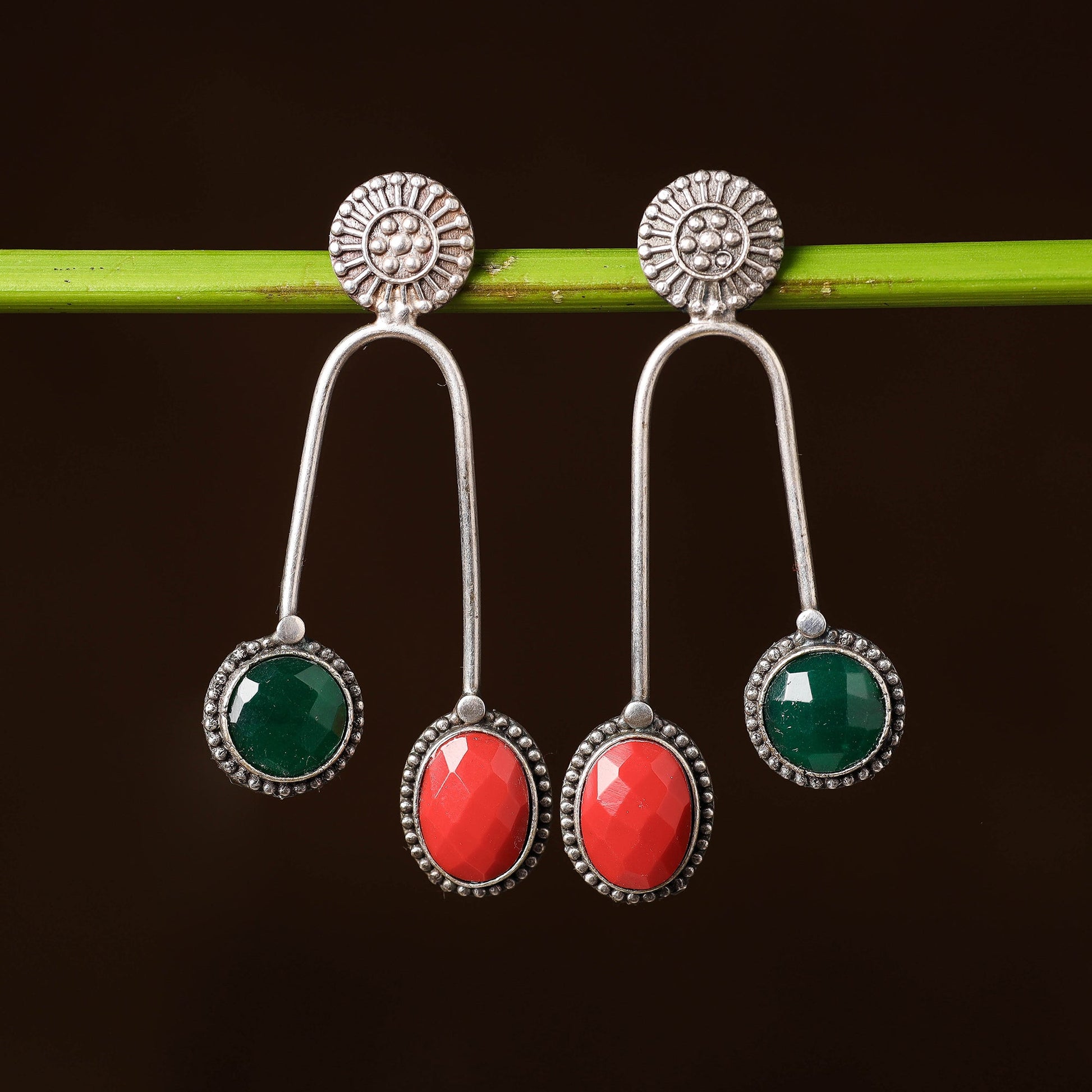 Antique Silver Finish Oxidised Brass Base Stone Work Dangle Earrings