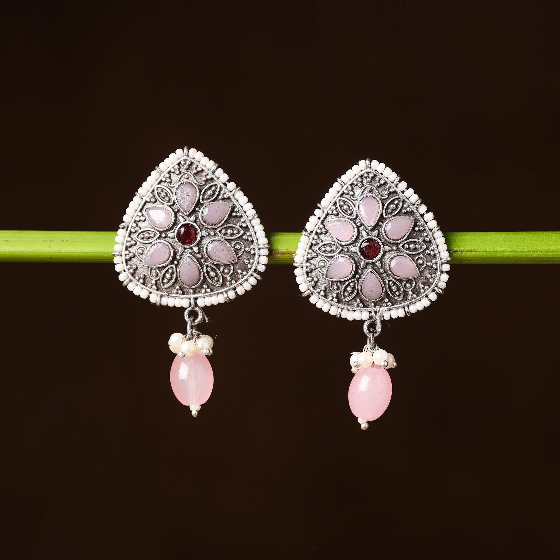 Antique Silver Finish Oxidised Brass Base Stone & Bead Work Earrings