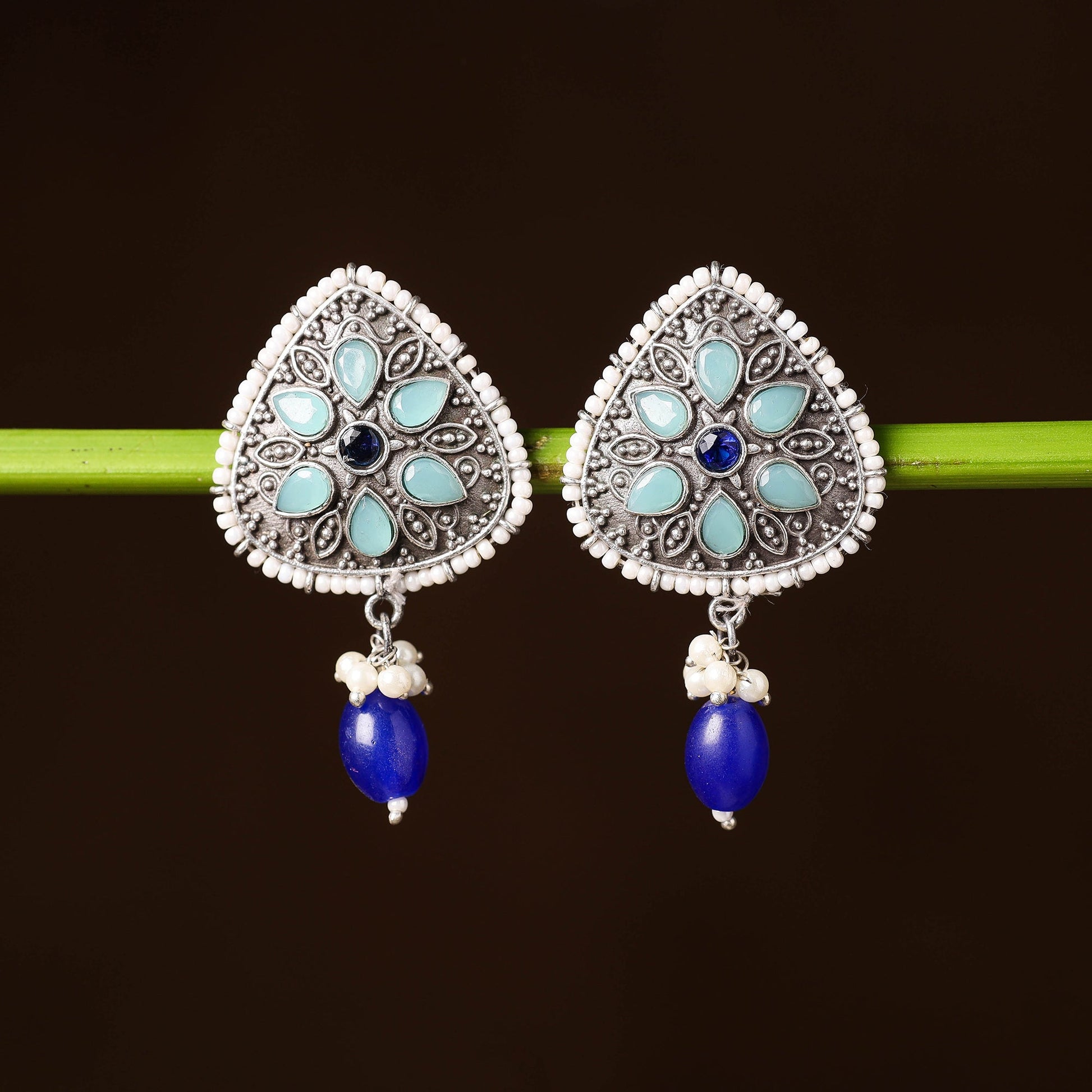 Antique Silver Finish Oxidised Brass Base Stone & Bead Work Earrings