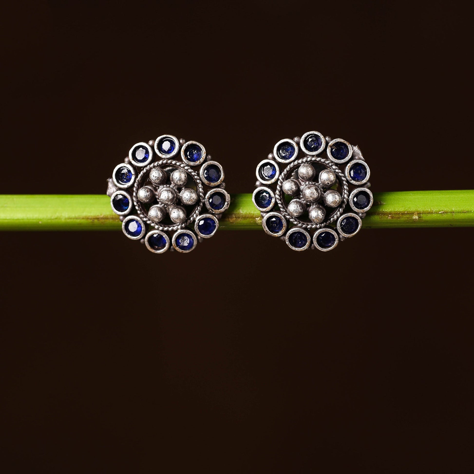 Antique Silver Finish Oxidised Brass Base Stone Work Stud Earrings