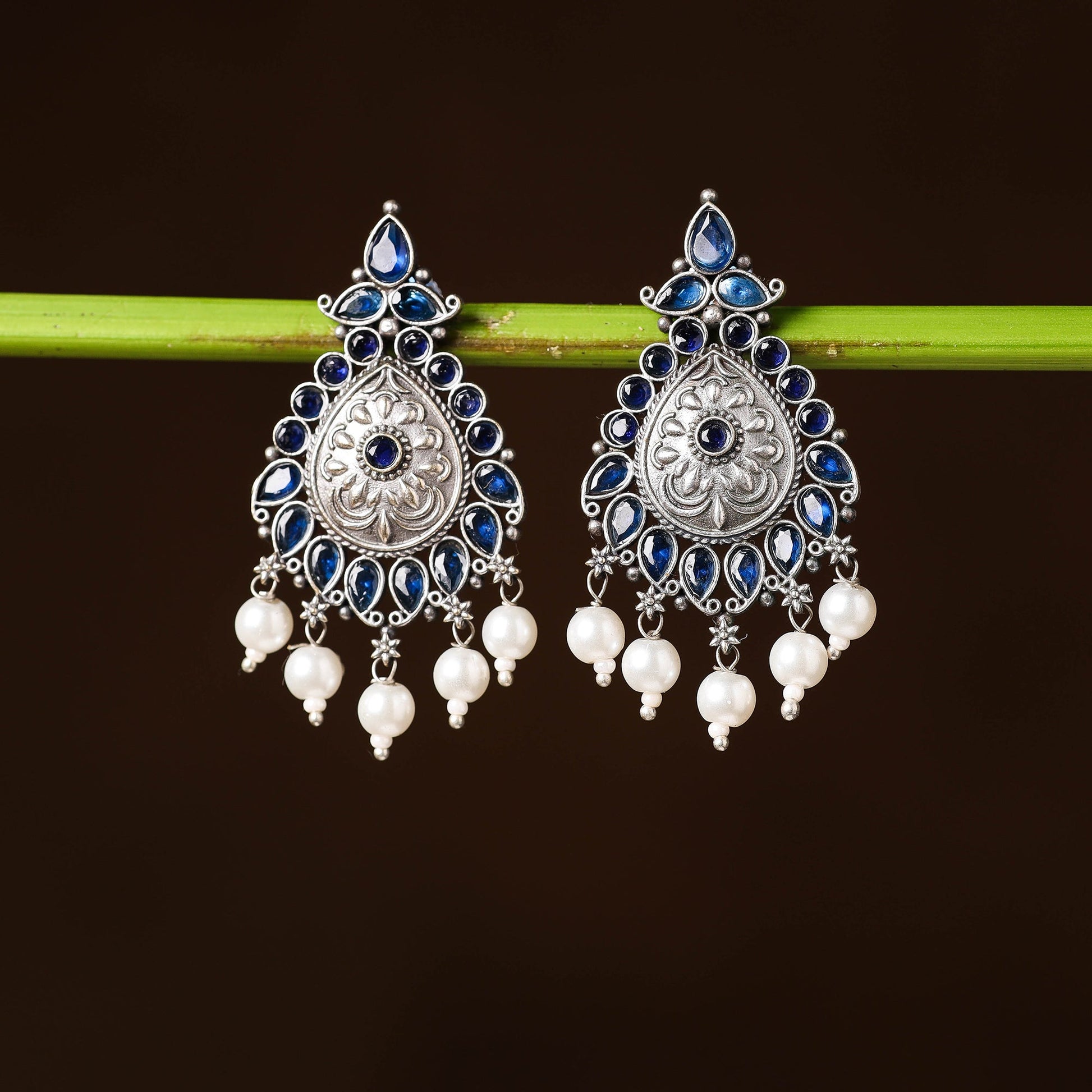 Antique Silver Finish Oxidised Brass Base Stone & Bead Work Earrings
