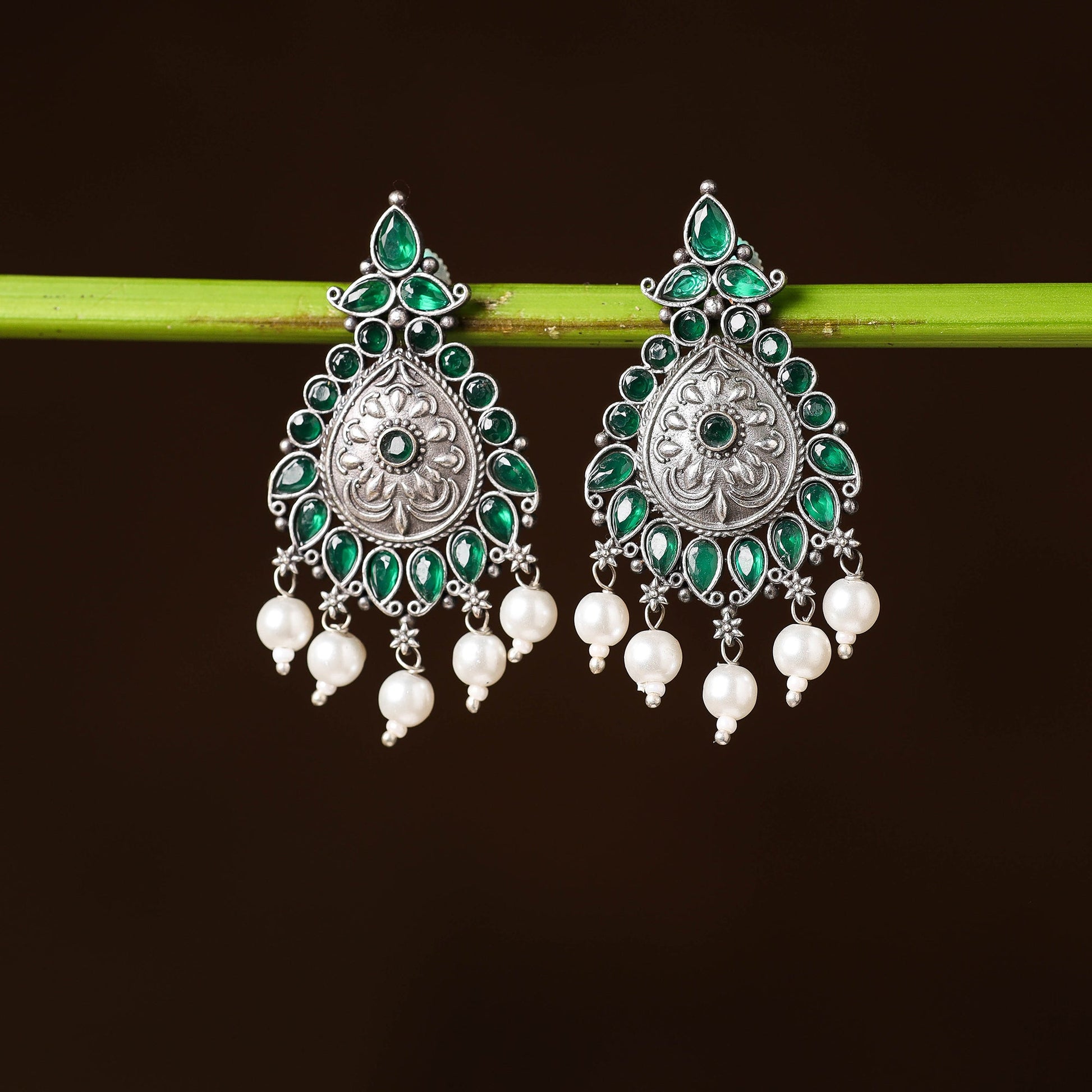 Antique Silver Finish Oxidised Brass Base Stone & Bead Work Earrings