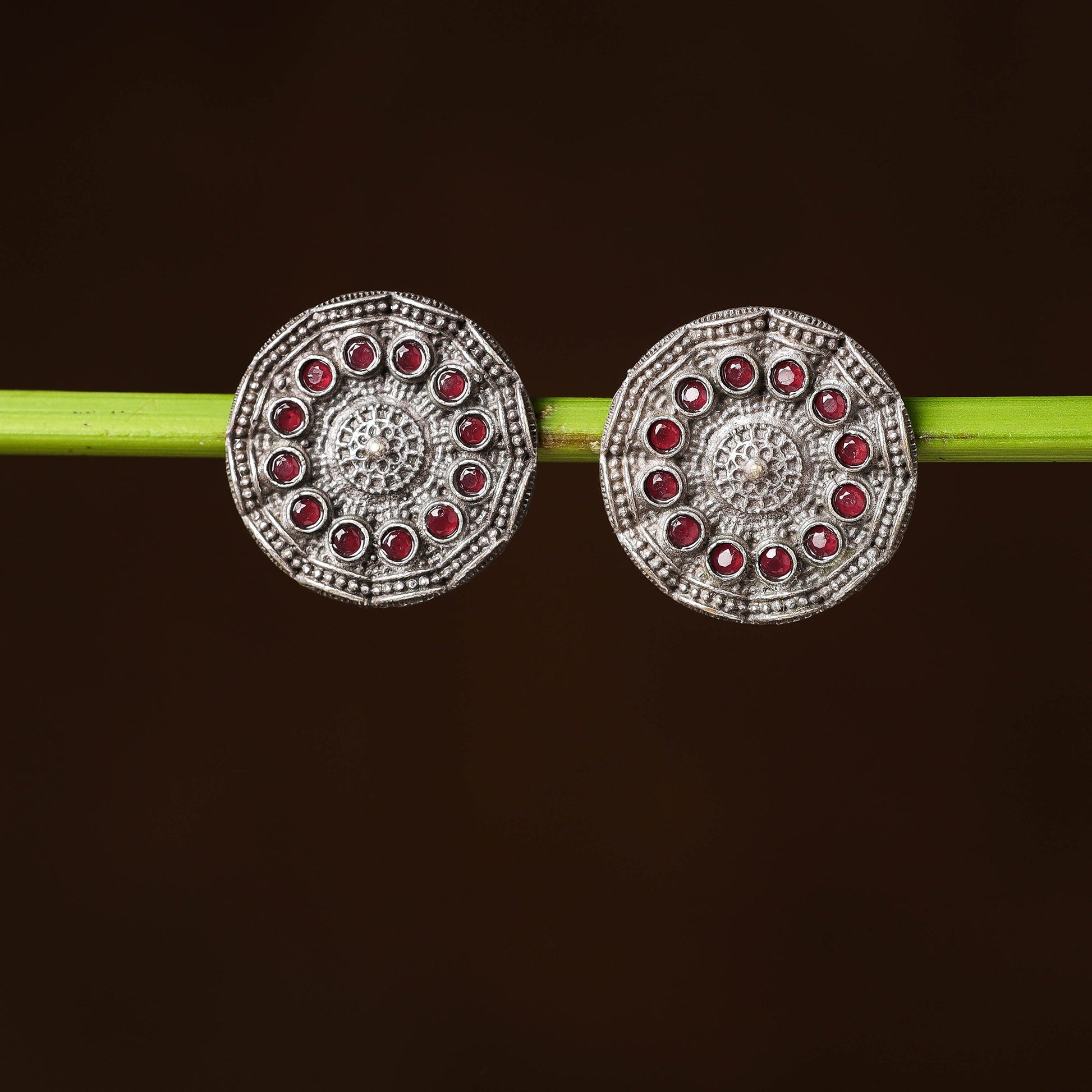 Antique Silver Finish Oxidised Brass Base Stone Work Stud Earrings