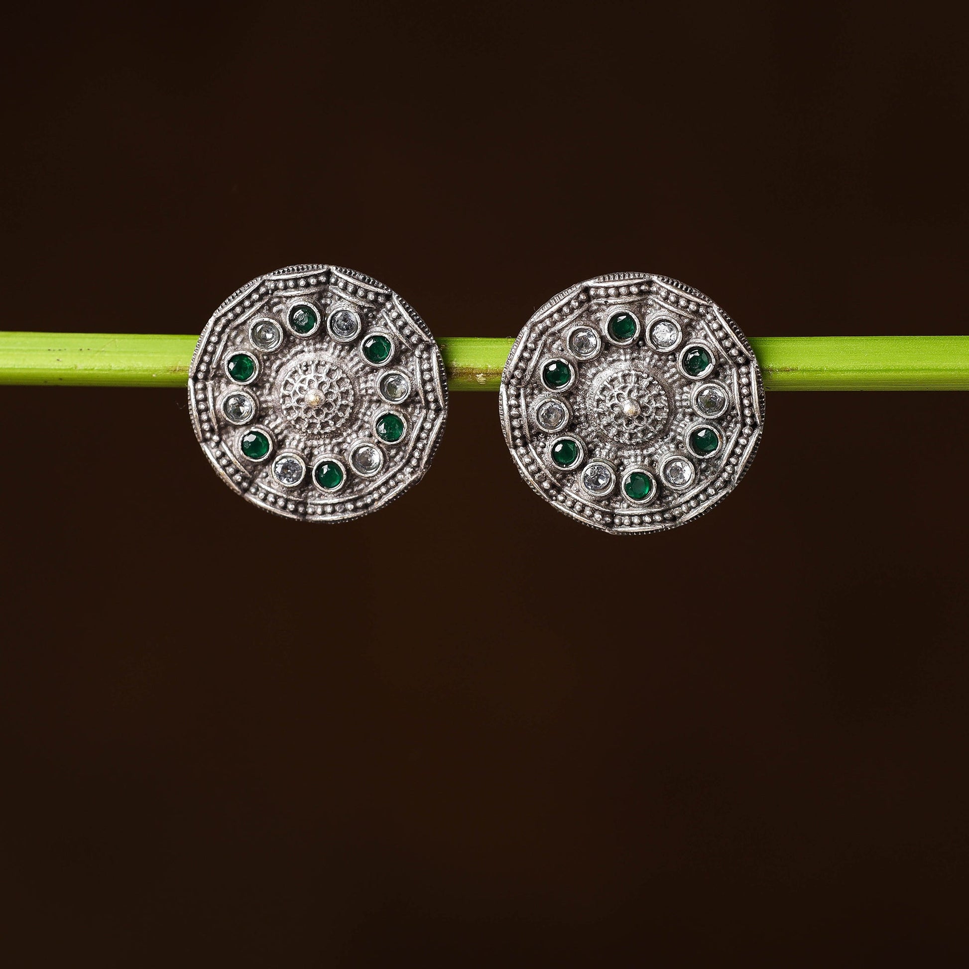 Antique Silver Finish Oxidised Brass Base Stone Work Stud Earrings