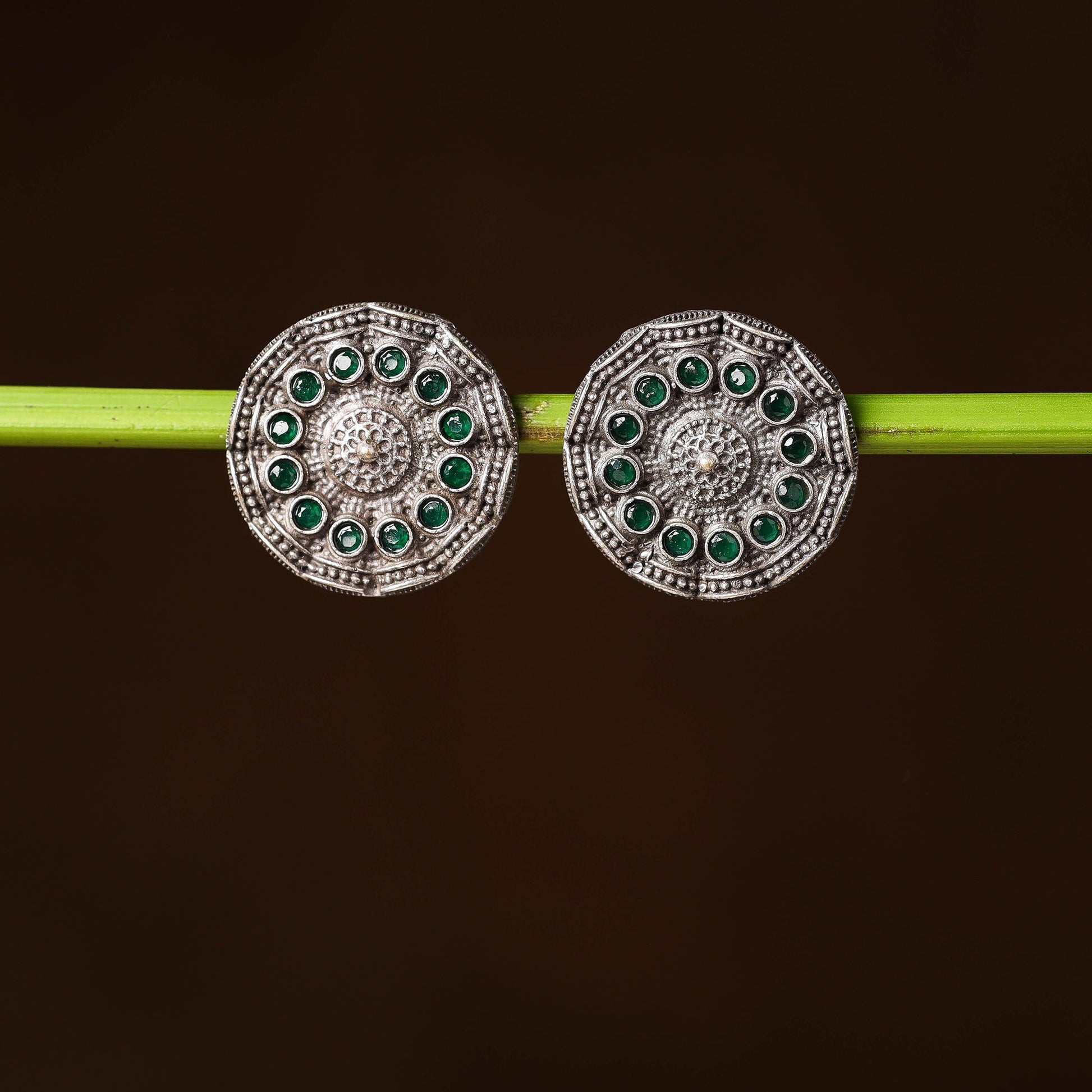 Antique Silver Finish Oxidised Brass Base Stone Work Stud Earrings