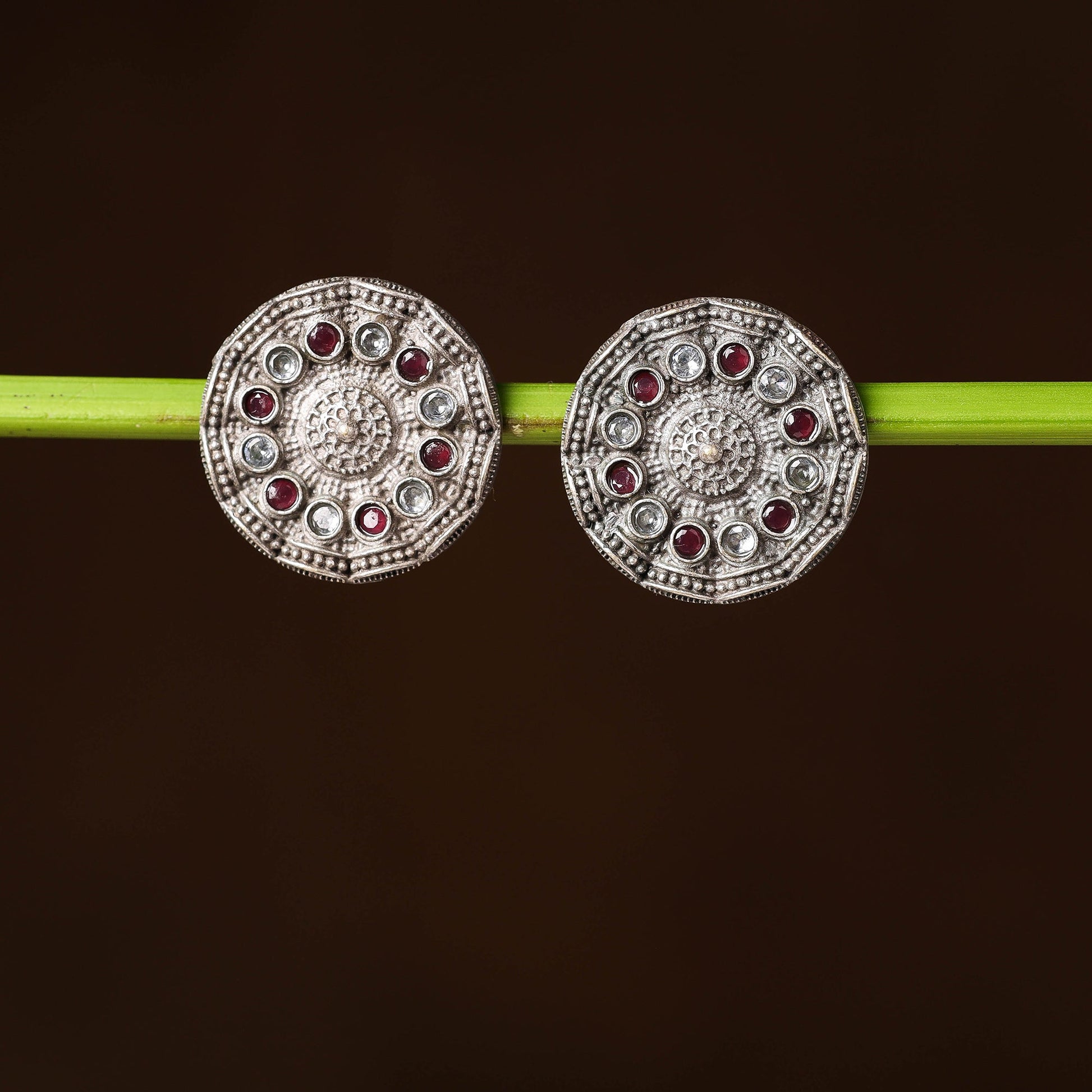 Antique Silver Finish Oxidised Brass Base Stone Work Stud Earrings