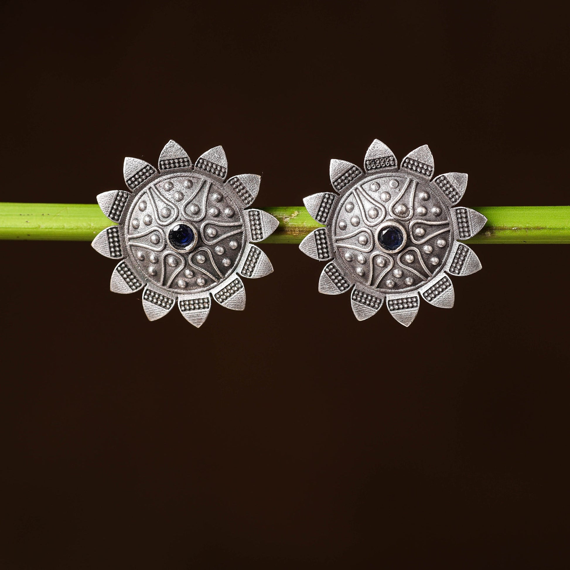 Antique Silver Finish Oxidised Brass Base Stone Work Stud Earrings