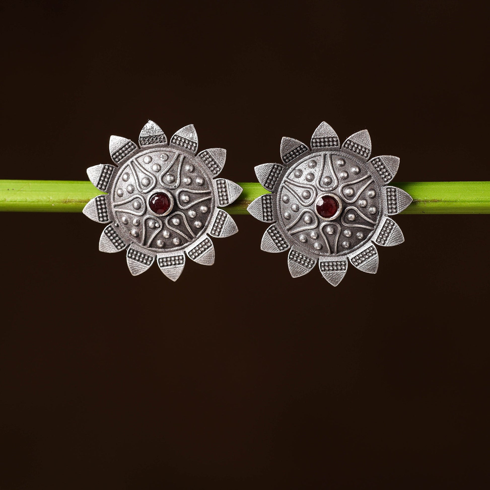 Antique Silver Finish Oxidised Brass Base Stone Work Stud Earrings