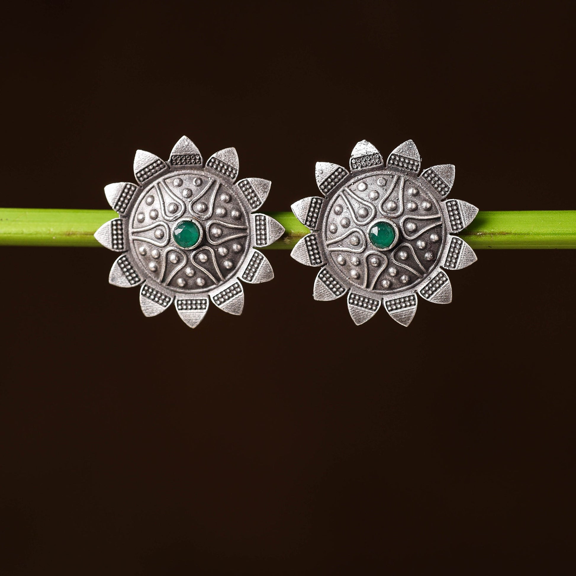 Antique Silver Finish Oxidised Brass Base Stone Work Stud Earrings