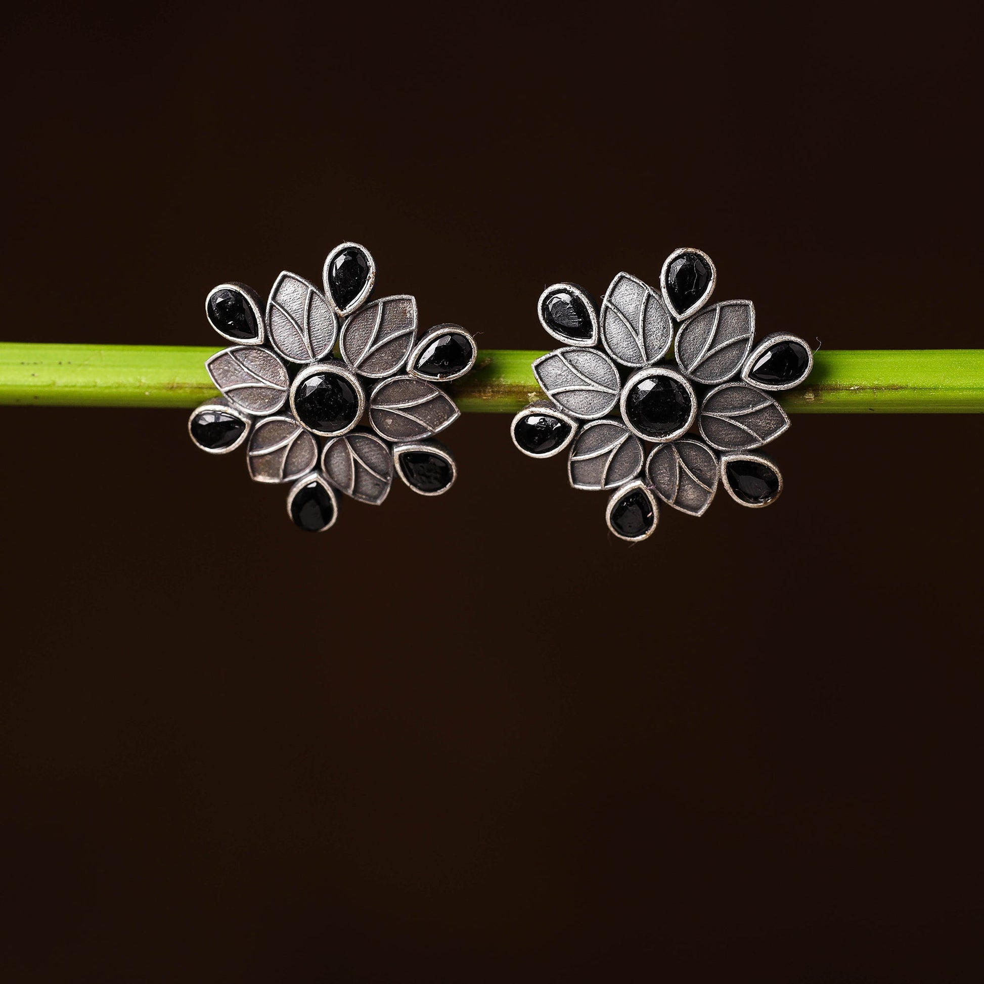 Antique Silver Finish Oxidised Brass Base Stone Work Stud Earrings