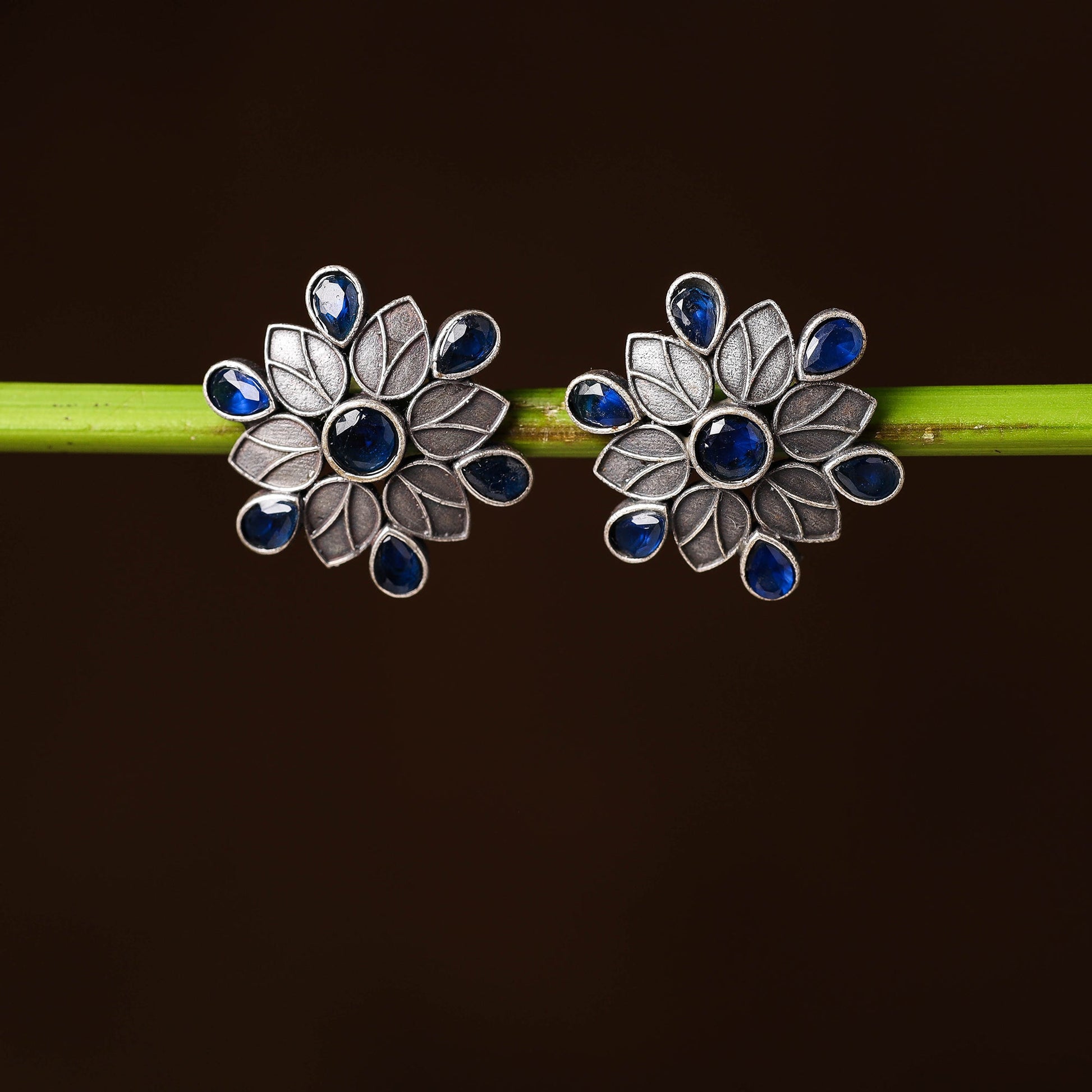 Antique Silver Finish Oxidised Brass Base Stone Work Stud Earrings