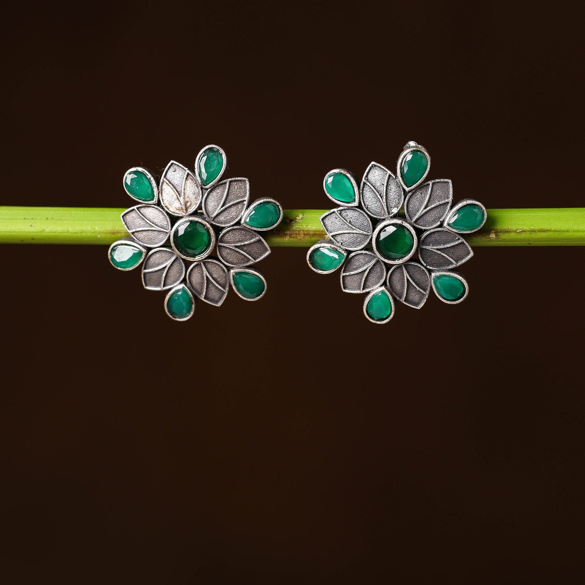 Antique Silver Finish Oxidised Brass Base Stone Work Stud Earrings
