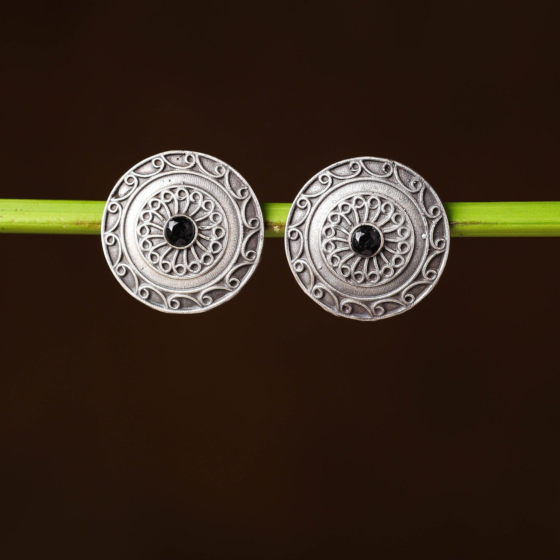 Antique Silver Finish Oxidised Brass Base Stone Work Stud Earrings