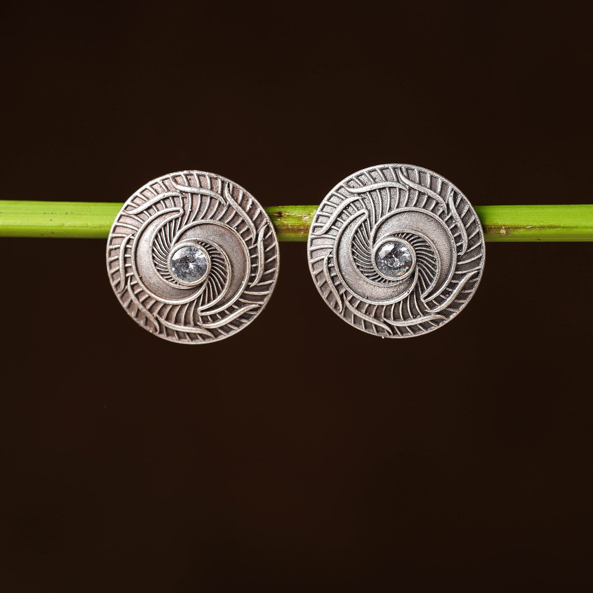 Antique Silver Finish Oxidised Brass Base Stone Work Stud Earrings
