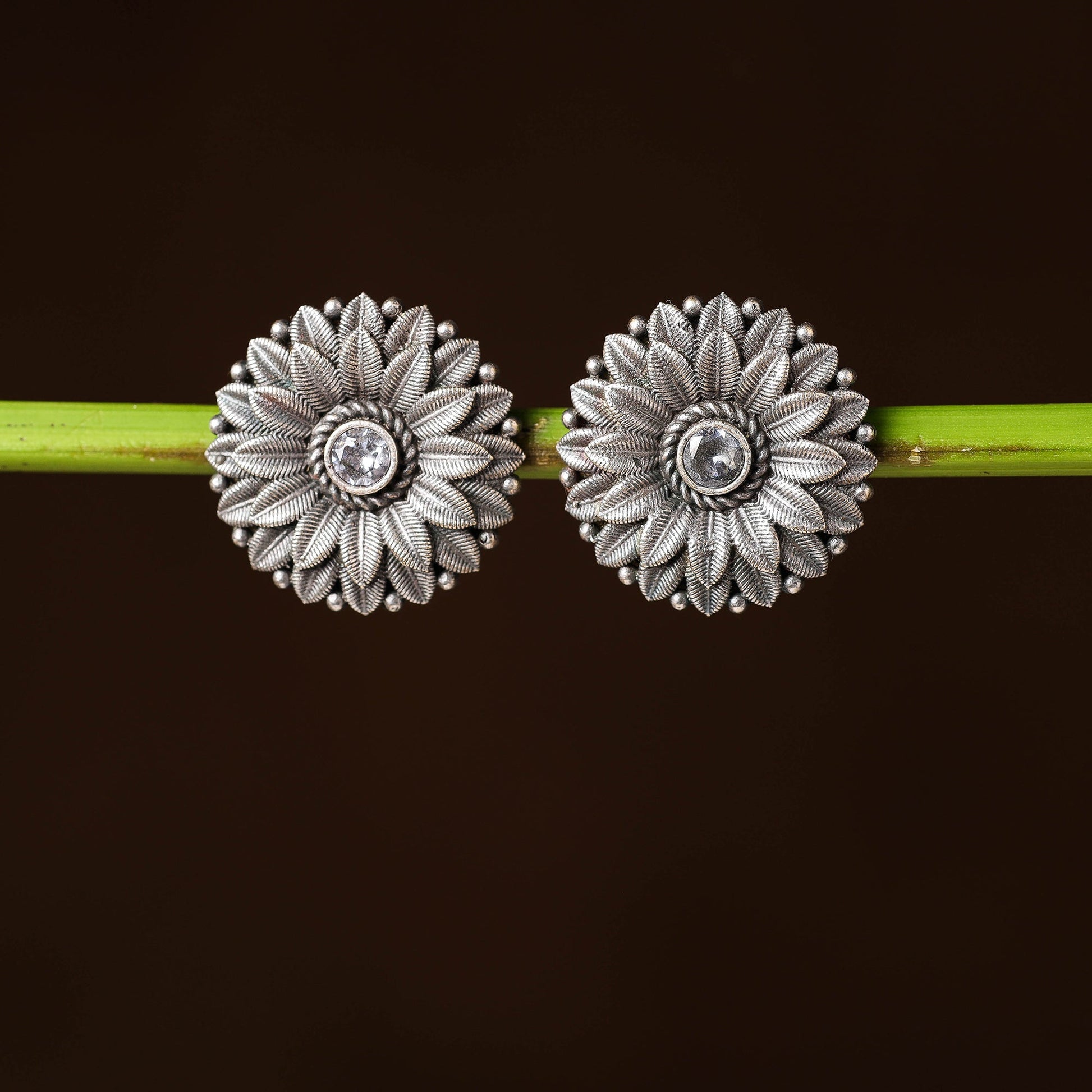 Antique Silver Finish Oxidised Brass Base Stone Work Stud Earrings