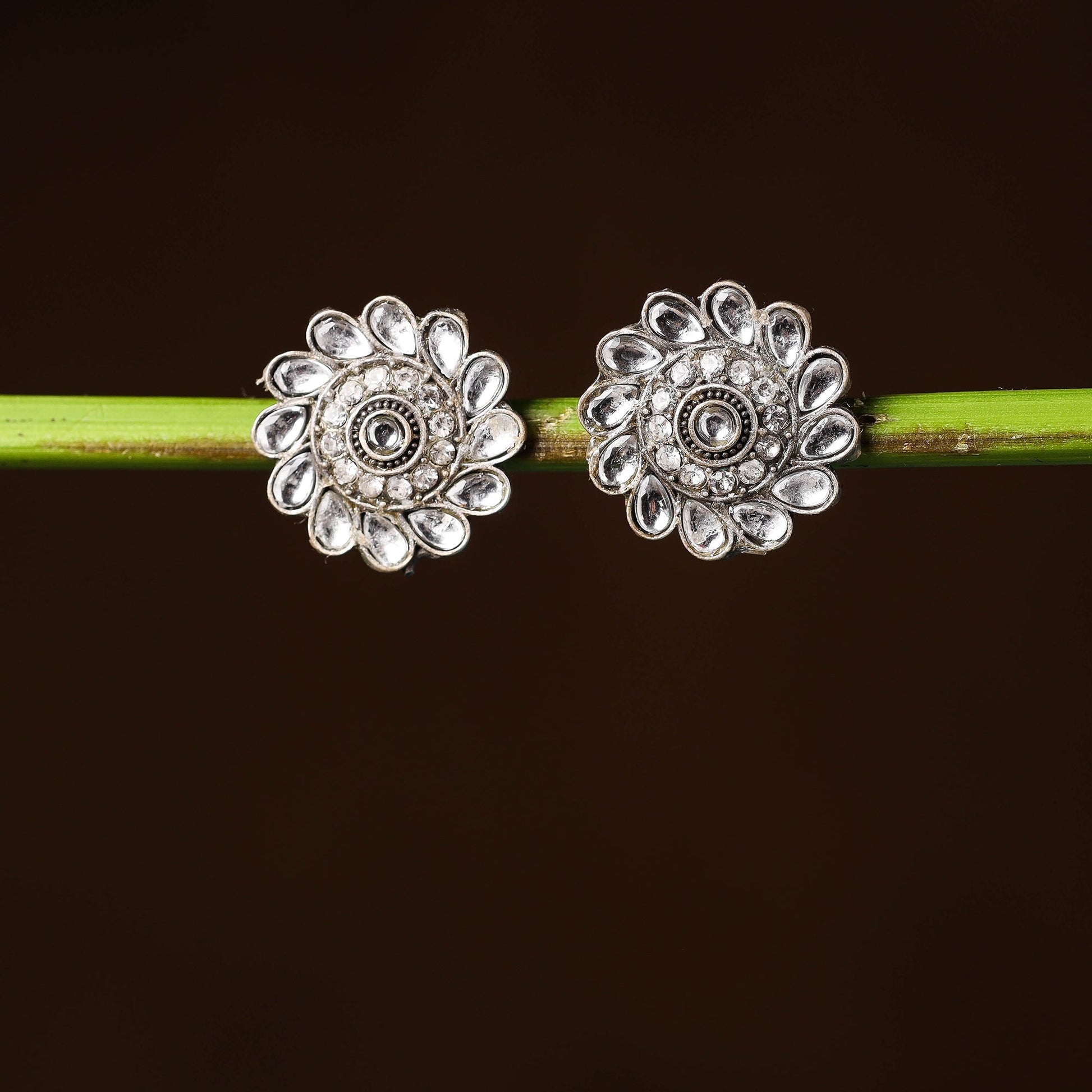 Antique Silver Finish Oxidised Brass Base Stone Work Stud Earrings