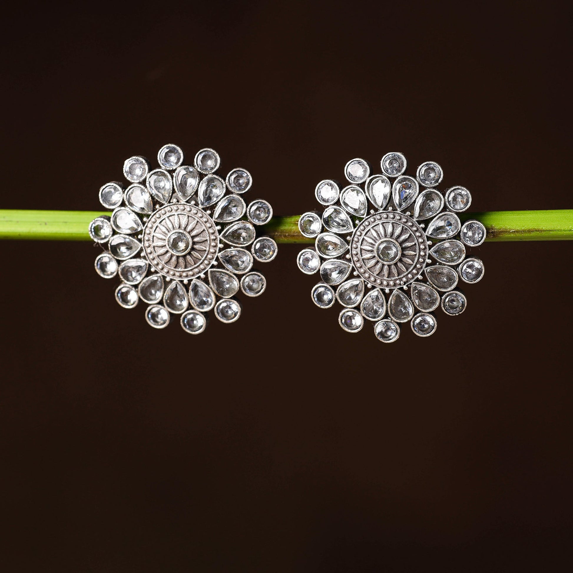 Antique Silver Finish Oxidised Brass Base Stone Work Stud Earrings