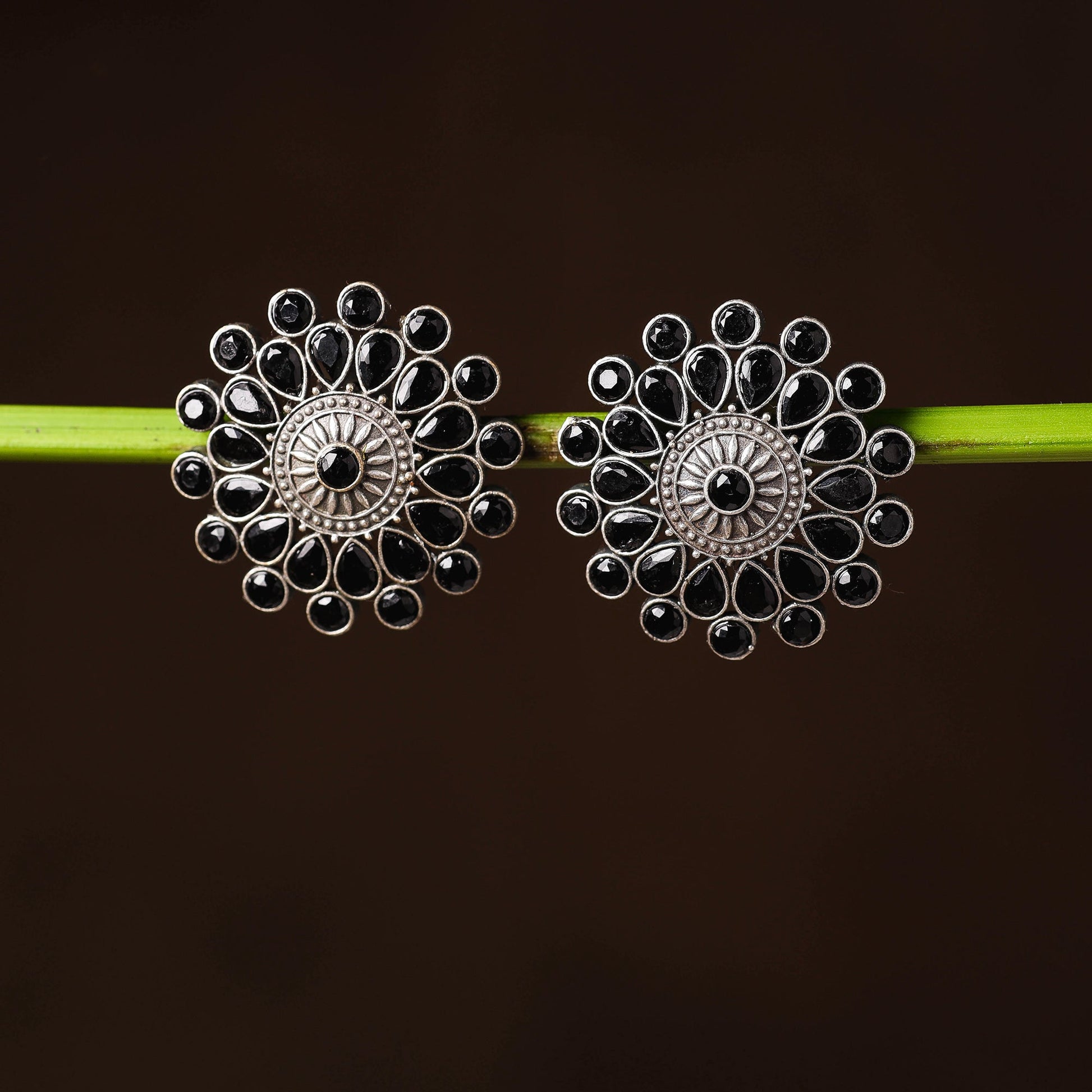 Antique Silver Finish Oxidised Brass Base Stone Work Stud Earrings