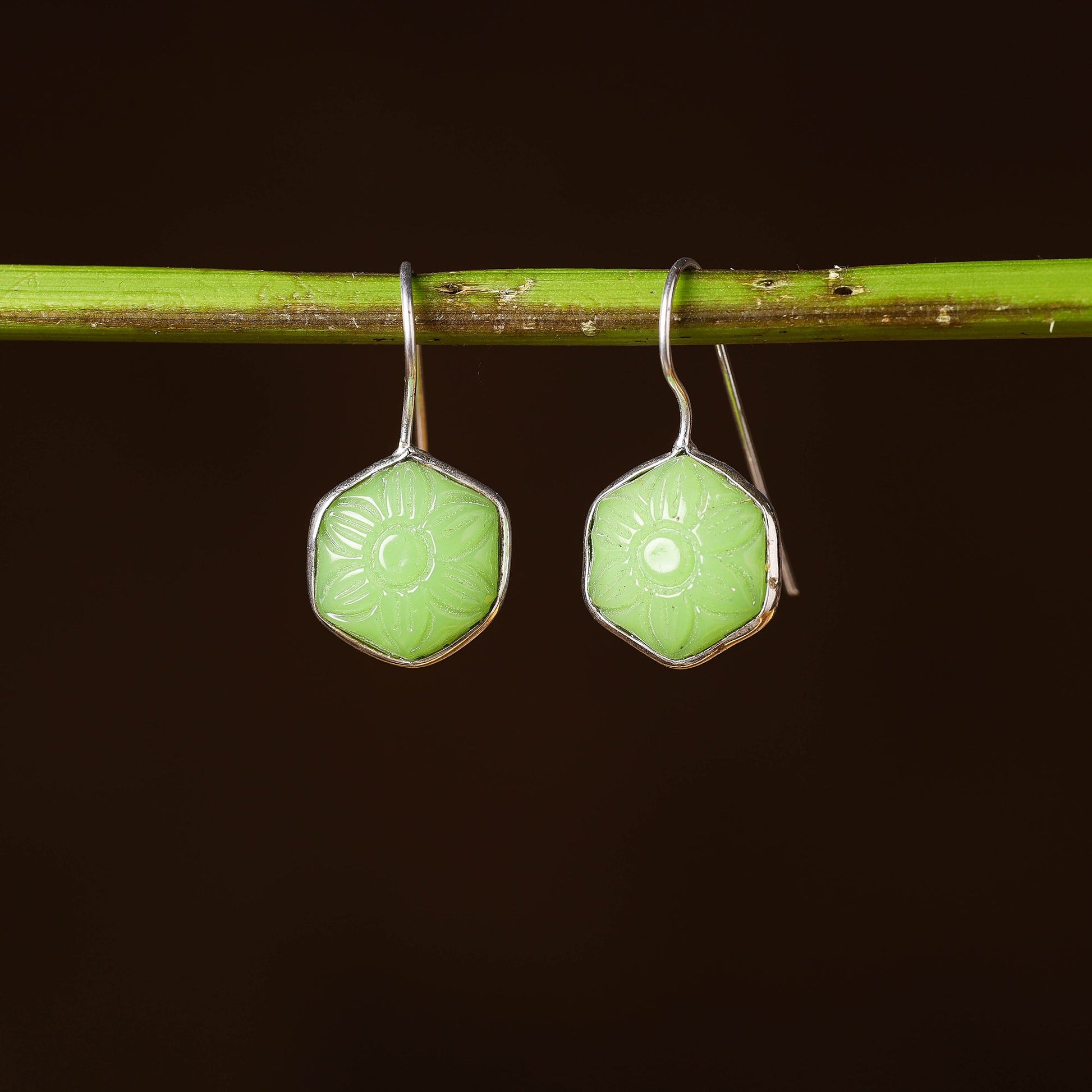 Antique Silver Finish Oxidised Brass Base Stone Work Earrings