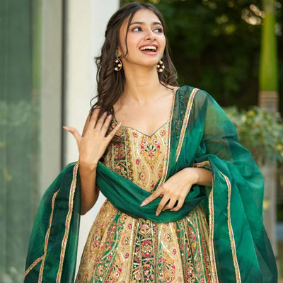 Triveni green heavy embroidered maxi