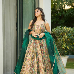 Triveni green heavy embroidered maxi