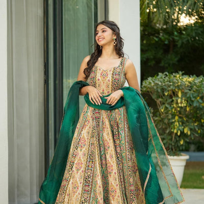 Triveni green heavy embroidered maxi