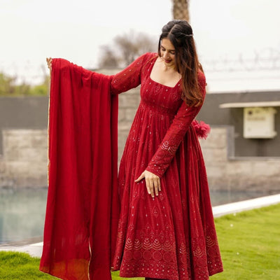 maroon embroidered georgette suit set