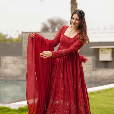 maroon embroidered georgette suit set