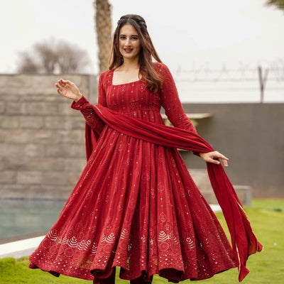 maroon embroidered georgette suit set