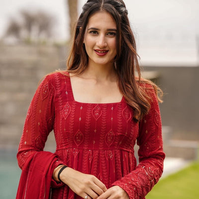 maroon embroidered georgette suit set