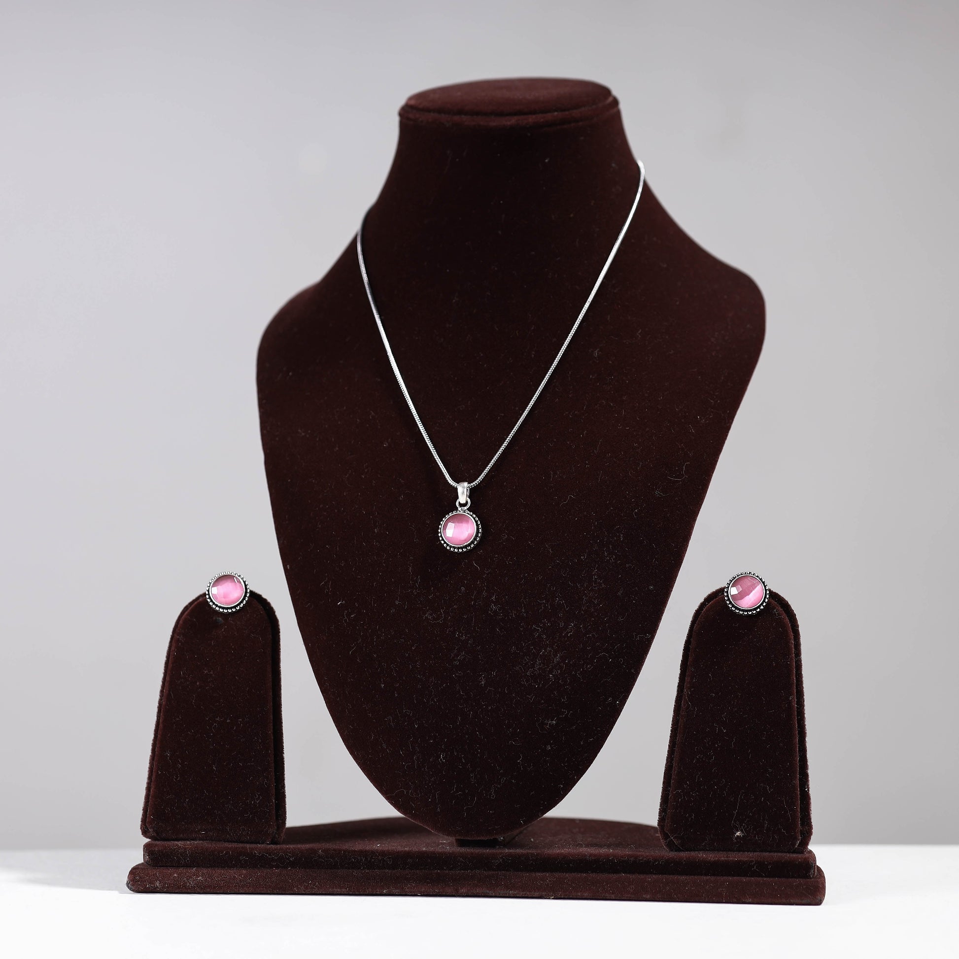 Antique Silver Finish Oxidised Brass Base Stone Work Necklace Set