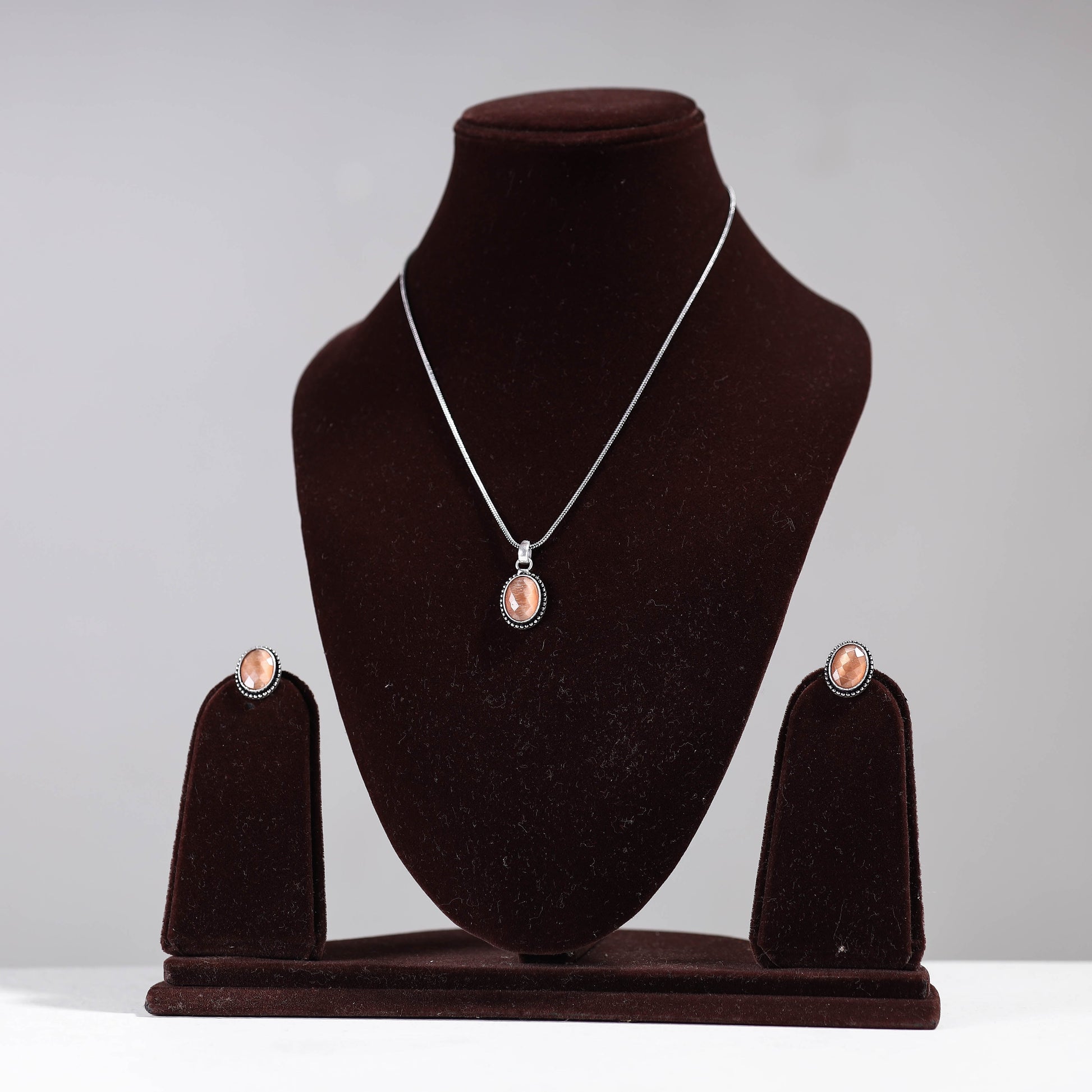 Antique Silver Finish Oxidised Brass Base Stone Work Necklace Set