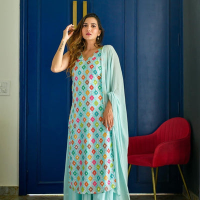 LIGHT BLUE EMBROIDERED KURTA PALAZZO SET