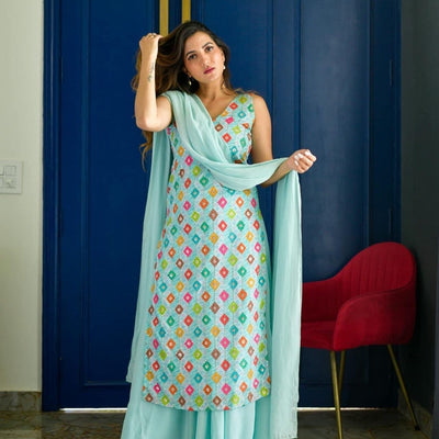 LIGHT BLUE EMBROIDERED KURTA PALAZZO SET
