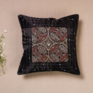 Black - Kutch Embroidered Ajrakh Mashru Silk Cushion Cover (12 x 12 in)