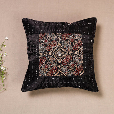 Black - Kutch Embroidered Ajrakh Mashru Silk Cushion Cover (12 x 12 in)