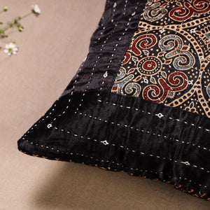 Black - Kutch Embroidered Ajrakh Mashru Silk Cushion Cover (12 x 12 in)