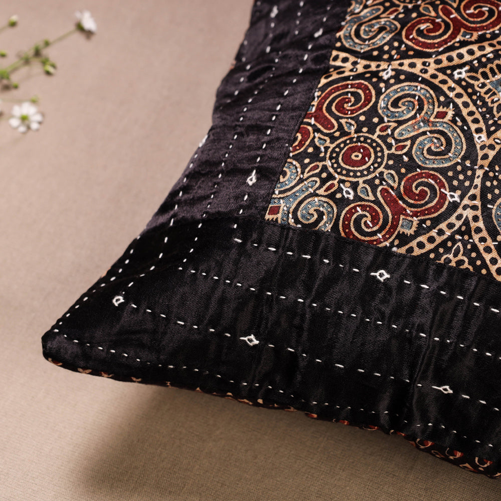 Black - Kutch Embroidered Ajrakh Mashru Silk Cushion Cover (12 x 12 in)