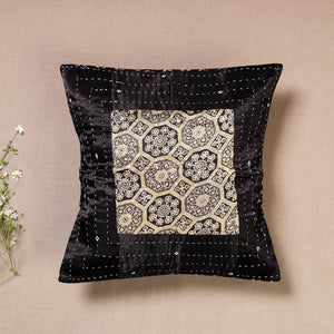 Black - Kutch Embroidered Ajrakh Mashru Silk Cushion Cover (12 x 12 in)