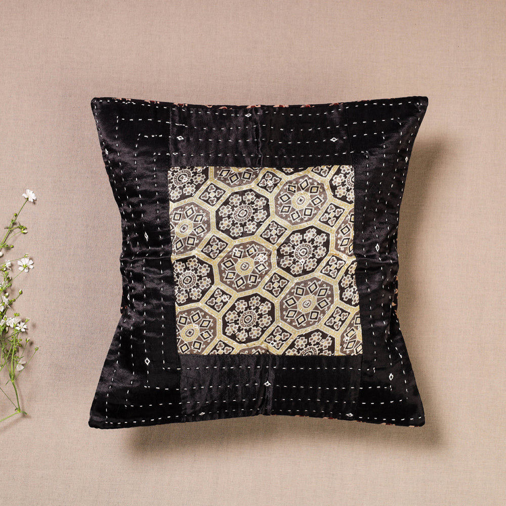 Black - Kutch Embroidered Ajrakh Mashru Silk Cushion Cover (12 x 12 in)