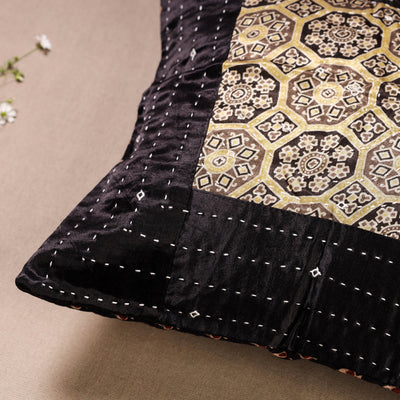 Black - Kutch Embroidered Ajrakh Mashru Silk Cushion Cover (12 x 12 in)