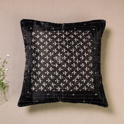 Black - Kutch Embroidered Ajrakh Mashru Silk Cushion Cover (16 x 16 in)